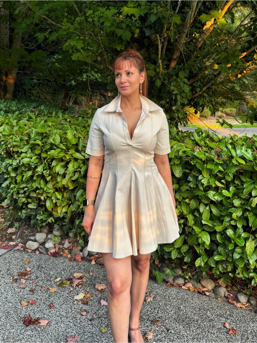 Zara Cream Collared Fit-and-Flare Short Sleeve Dress